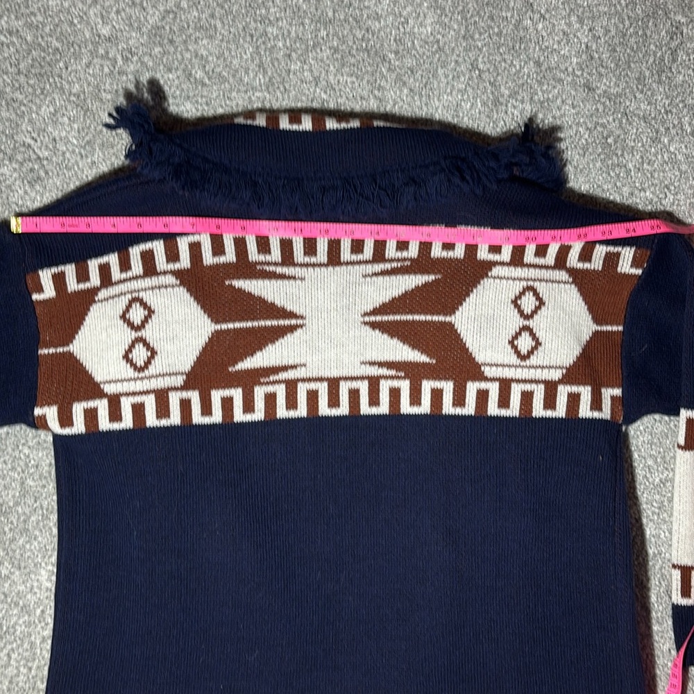 Cocogio sweater chunky open frontItalian wool cardigan fringe navy Aztec small - Picture 10 of 12